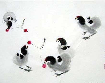 古典国画图片-小鸡啄米水墨画