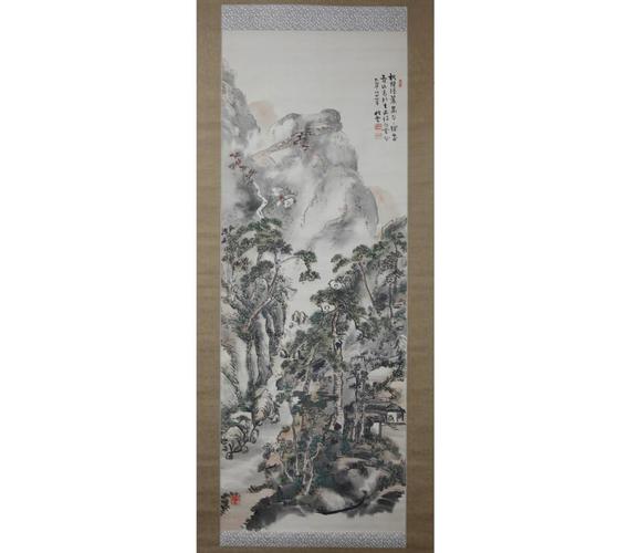 【蔵出】山本竹云「秋山聴泉」肉笔绢本挂轴.唐木轴先◎幕末茶人.