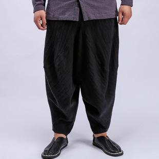 中国风男裤亚麻裤男士宽松哈伦裤大码肥腿吊裆棉麻长裤一件代发