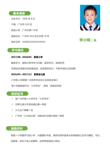 幼儿园入学小升初个人简历套装模板.docx 3页