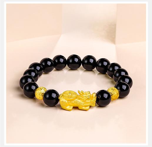 周六福3d硬金玛瑙串珠黄金貔貅手链男士手饰手串