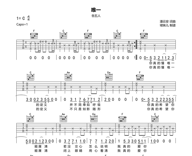 唯一吉他谱告五人c调弹唱吉他谱