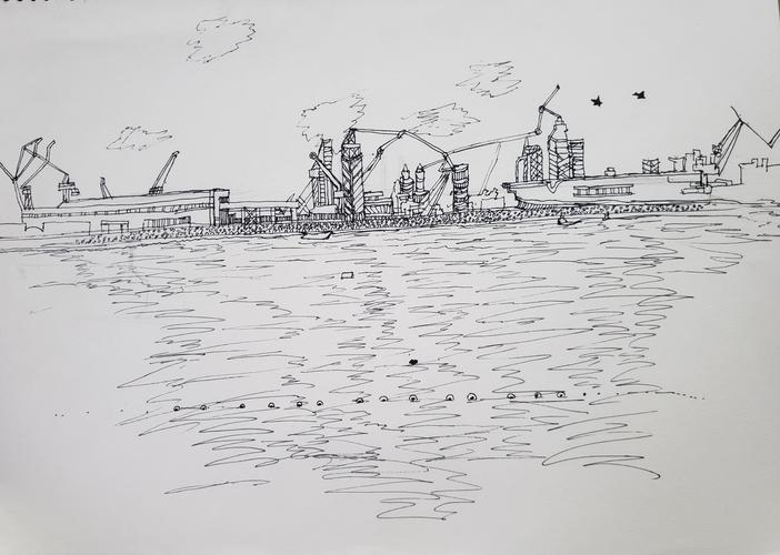 凝望大海,心中感慨万千,所以用速写形式记录下来,远处的码头中的轮船
