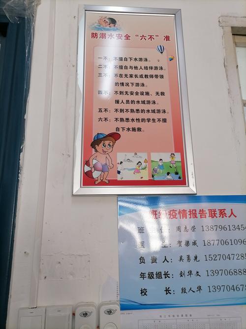 每个教室都张贴的"防溺水六不准"警示牌.