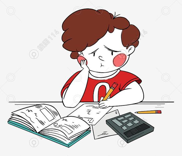 小男孩愁眉苦脸写作业学习中