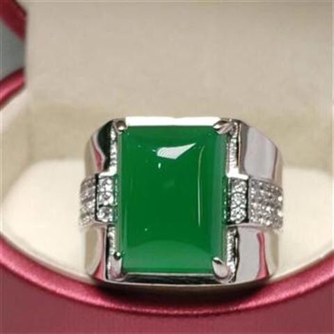 天然玉石 帝王绿玉髓男戒 925银饰 玉石镶嵌 男款 戒指 活口调节