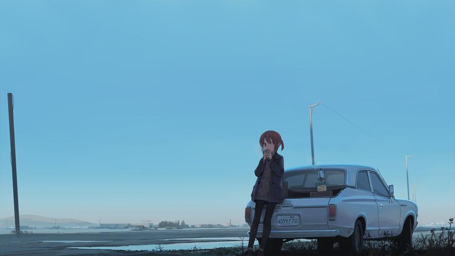 卡通人物二次元汽车等待天空动漫卡通壁纸