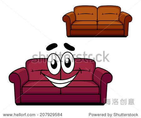 happy and joyful cartoon of maroon upholstered couch of sofa