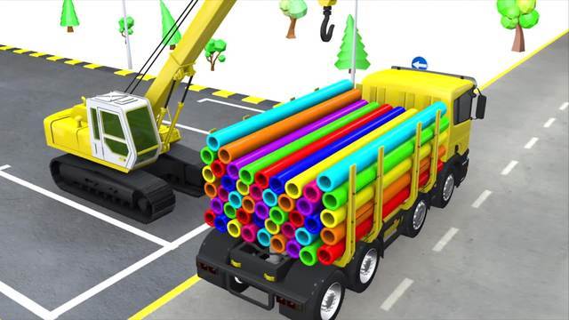 工程车卡通,彩色的拖车吊车运送铲车