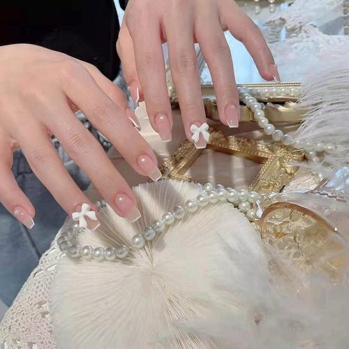 手工美甲贴片成品穿戴式假指甲白色法式丝带蝴蝶结 可