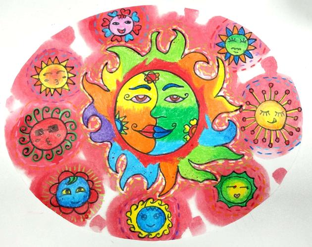 利用圆形进行联想并创意出九个不同的太阳,需要小朋友们自行想象变化