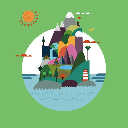 扁平风格的插画,一直没有脚的小鸟飞过了四