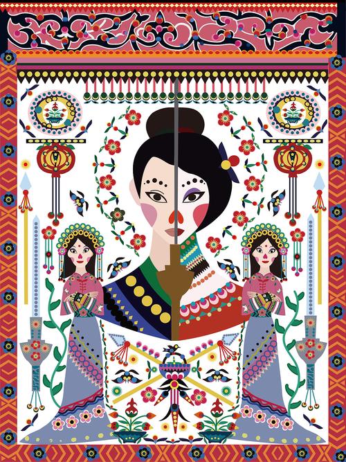 库淑兰剪纸风格插画设计