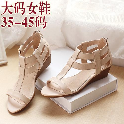172巷 大码女鞋40-43 全真皮羊皮欧美坡跟凉鞋 大号中跟女士凉鞋商品