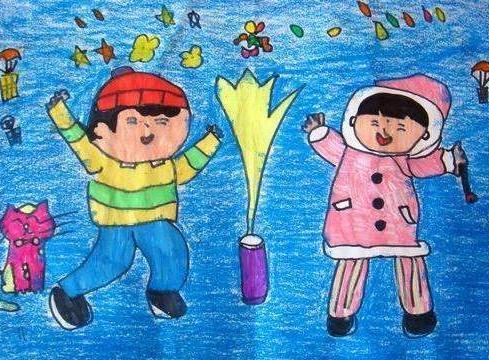 欢度春节儿童画图片-开心放烟花