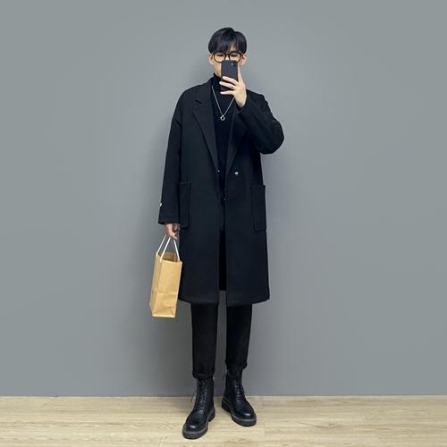 【套装】小红书潮男穿搭秋冬中长款帅毛呢大衣韩版宽松轻熟风外套