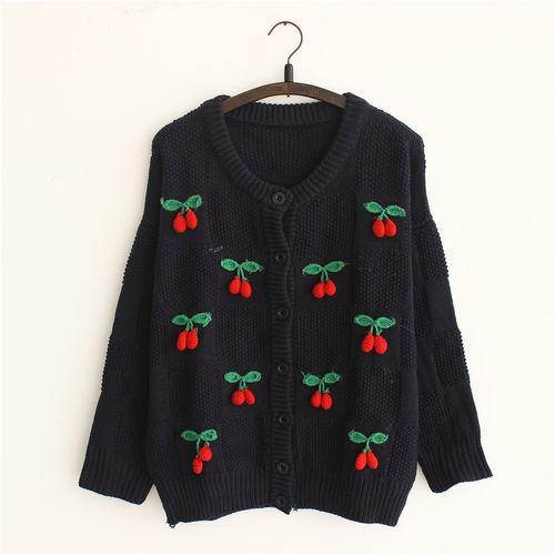 独家~樱桃复古毛衣外套 手工樱桃复古毛衣 宽松版大樱桃毛衣外套