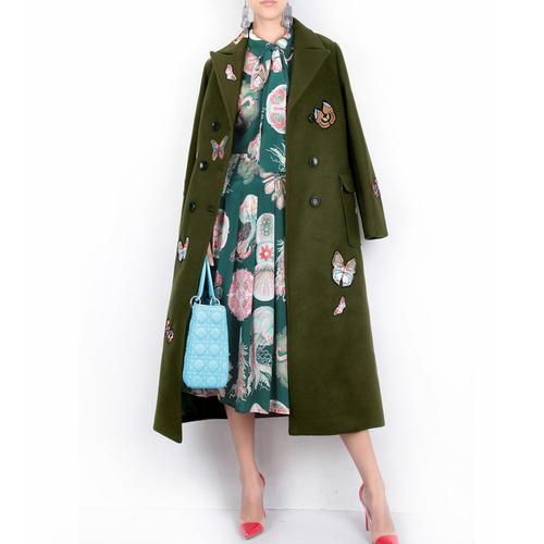 16秋冬高端蝴蝶刺绣大衣贴花双排扣毛呢外套双面呢军绿高定风衣女