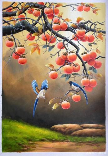 油画柿子,有个美好的寓意,事事如意