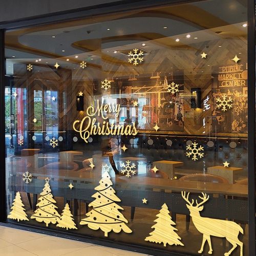2022圣诞节玻璃贴纸圣诞橱窗装饰窗贴雪花场景布置门贴黄金服装店