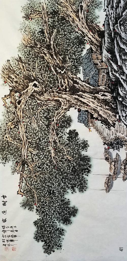 崔迎军山水画作品《41河南省美术家协会会员四尺水墨国画古树渔家》