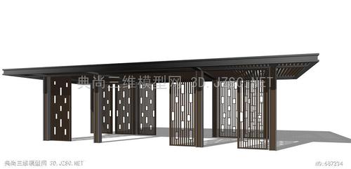 新中式廊架亭廊新亚洲沙发座椅栏栅格栅山水景墙廊架4su模型