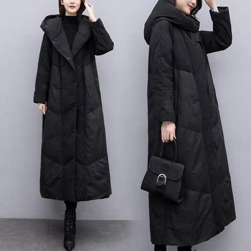 2020年新款女装羽绒服,2021新款女装羽绒服 2020新款冬装韩版洋气大码女装中长款过膝黑色仿羽绒服外套加厚【12月