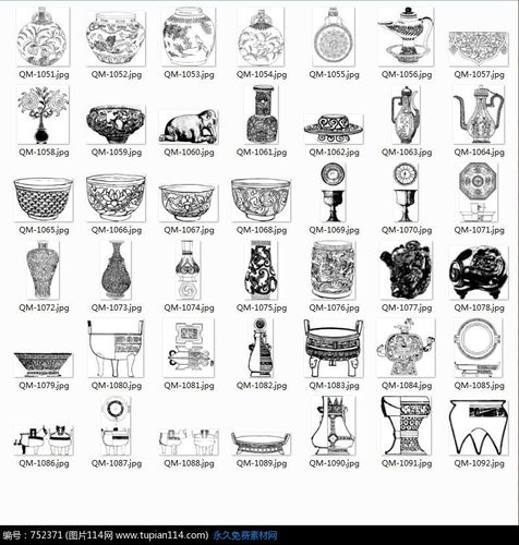 各类精致的古代器皿拓印图合辑,中国传统图案矢量图