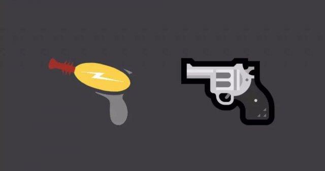 这就是为什么枪的 emoji 在苹果产品上是石灰色的水枪,而微软系统上