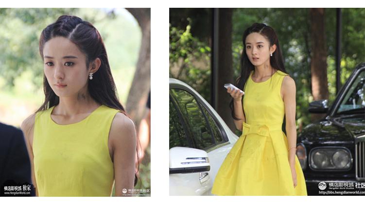 2015夏装新款妻子的秘密江百合赵丽颖明星同款黄色无袖连衣裙直供