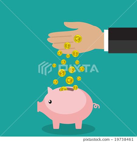 图库插图: buisness man hand put gold coin in pink piggy