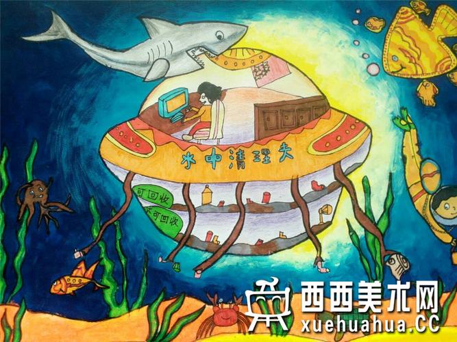 三等奖小学生获奖科幻画《海底清洁船》赏析