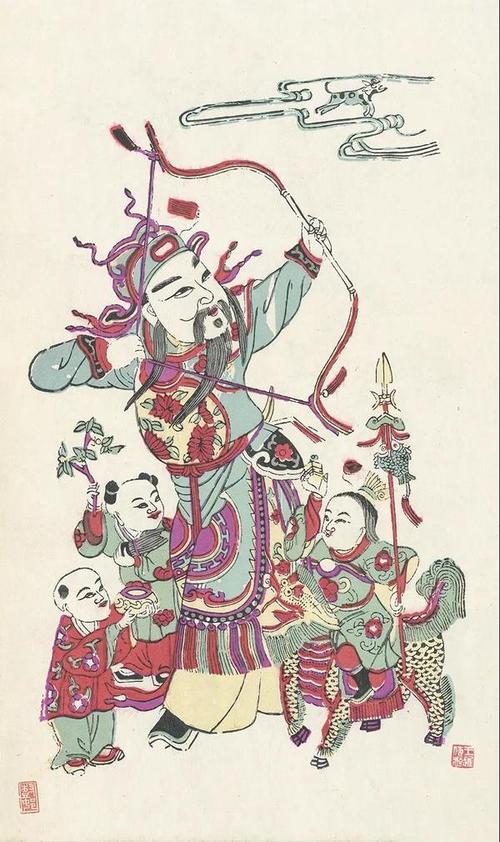 桃花坞木版年画 王荣兴作 张仙射天狗 清代版