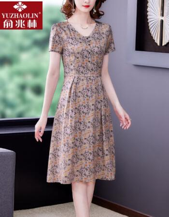 特价捡漏俞兆林品牌杭州高端桑蚕丝连衣裙女中长款修身显瘦夏季流行