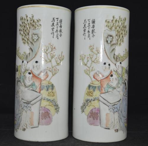 马庆云浅绛彩教子读书图帽筒即将亮相全国文物艺术品