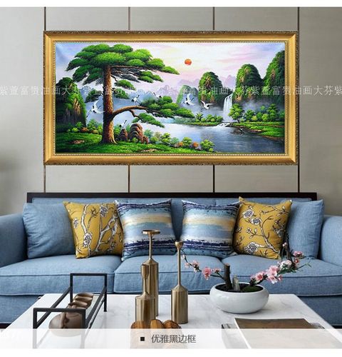 手绘迎客松财源滚滚风景油画客厅酒店别墅餐厅油画