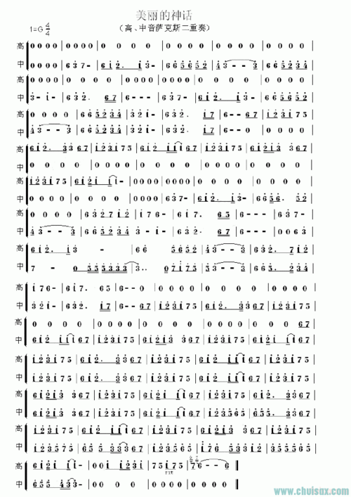 求《神话》高,中音萨克斯二重奏简谱