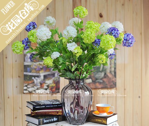 绿色 白色绣球花配仿水晶玻璃花瓶套装