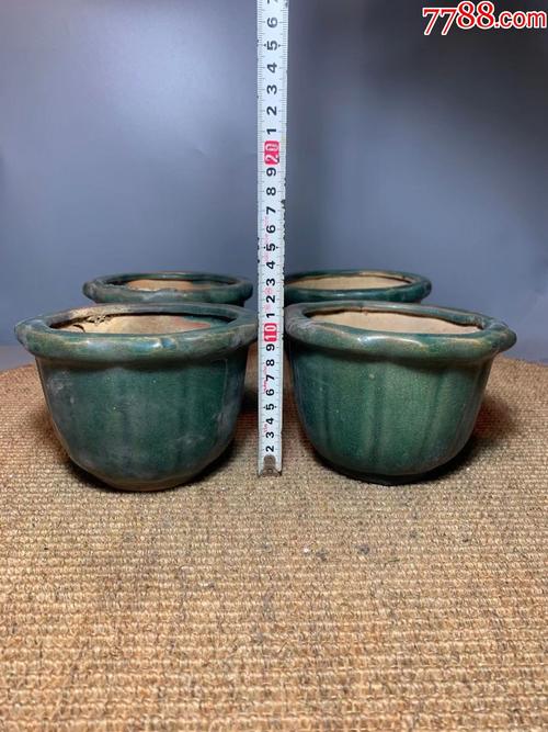 全七八十年代老石湾窑绿釉花盆四个
