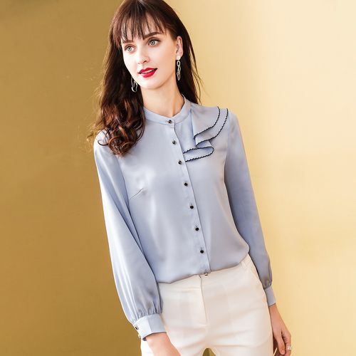 时尚女士衬衫2021春季新款气质荷叶边立领长袖百搭上衣