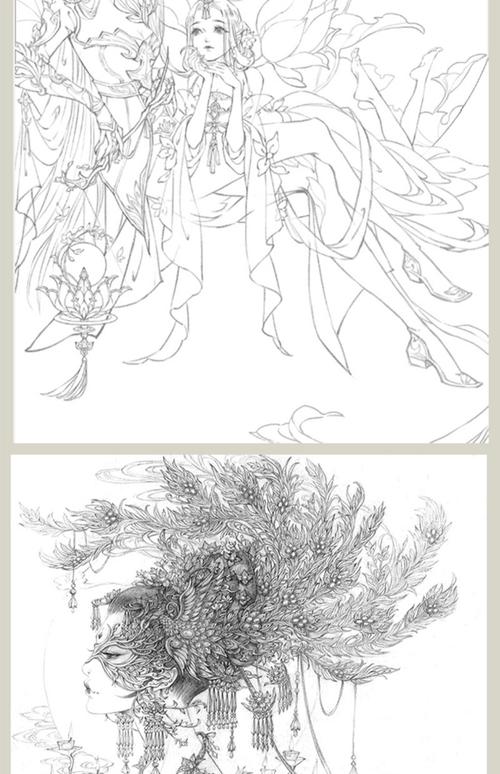 【友一个正版】 间花寻影 古戈力画集手绘线稿填色本半面妆成人插画