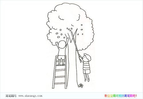 两位小朋友摘树上的果子简笔画
