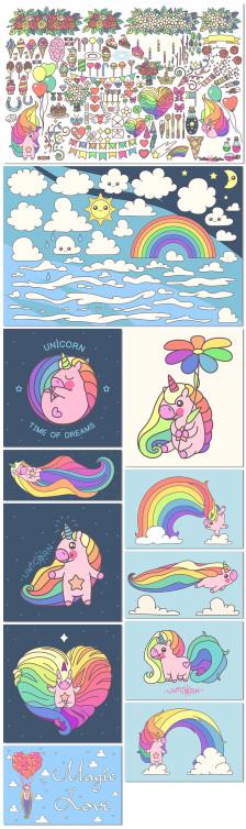 独角兽系列可爱萌系卡通手绘童话彩虹节假日小马插图矢量素材模板