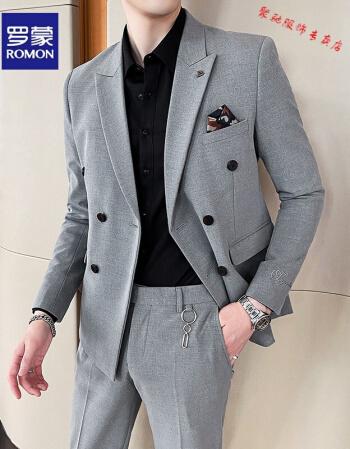 罗蒙romon秋冬痞帅西装男外套2021款修身垂感刺绣发型师双排扣西服男