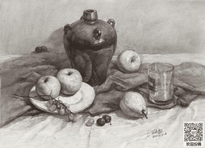 静态水果素描绘画作品欣赏-可口的苹果