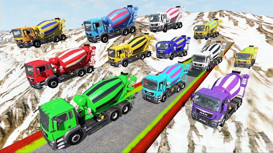 五彩搅拌车,大巴车和油罐车开足马力争先恐后相撞,车祸模拟器43