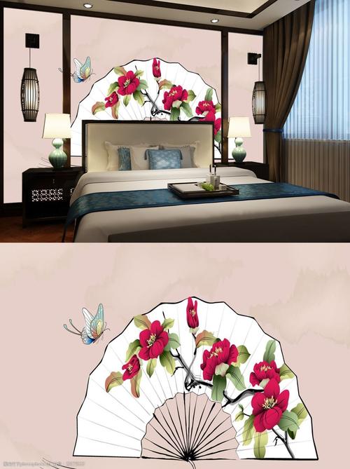粉色扇子中式卧室背景墙
