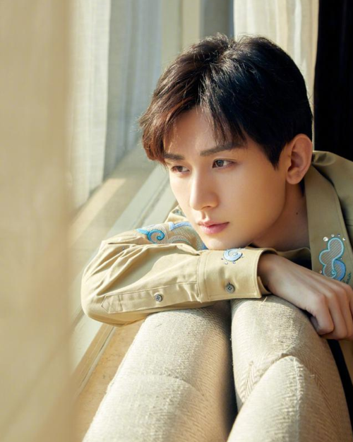 原创成毅春日阳光写真,身穿米咖绣花衬衫,点缀蓝白印花,气息中飘逸着