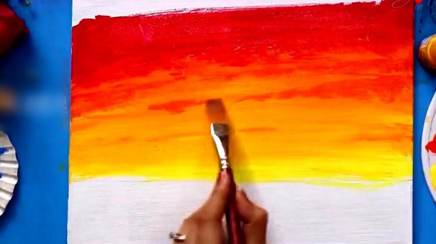 水粉画教程过程示范,黄昏时分的大海,是不是很简单呢?