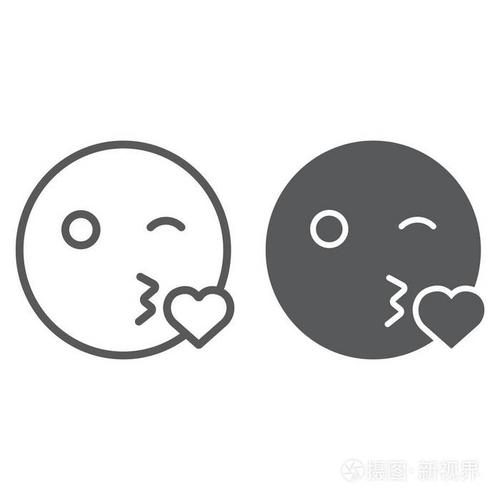 亲吻微笑线和字形图标表情符号和表达爱表情符号矢量图形在白色背景的